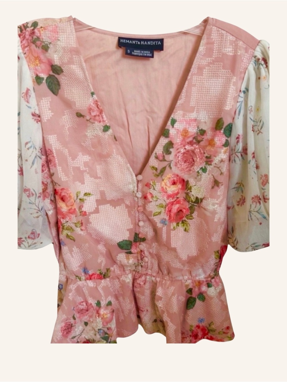 Anthropologie HEMANT & NANDITA V Neck Short Sleeve Floral Blouse Size S